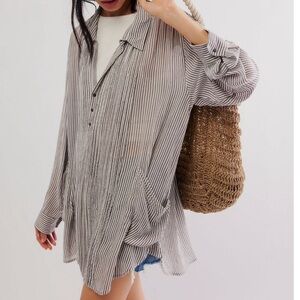 Free People Striped Button Down Shirt - Blue and White
